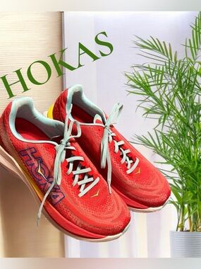 HOKA Mach X lightweight running shoes in the Cerise/Cloudless colorway